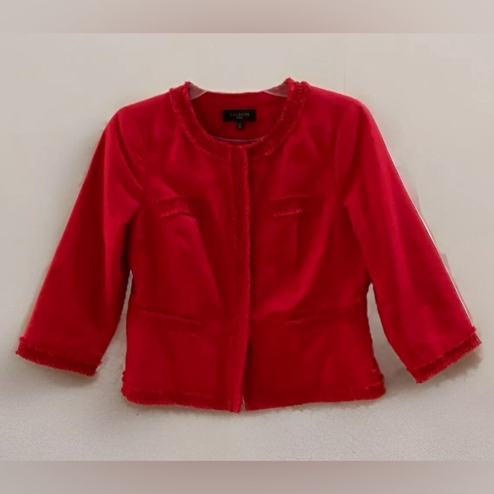Talbots 8 Petite Red Linen Blend Fringe Trimmed Jacket
